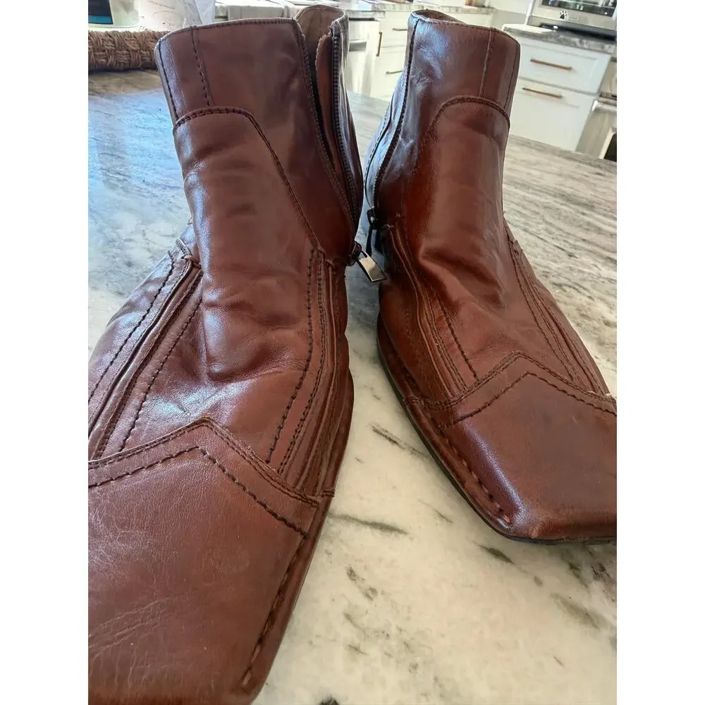 Stacy Adams Mens 10.5M Brown Leather Western Ankle Boots Zip Square Toe Cognac